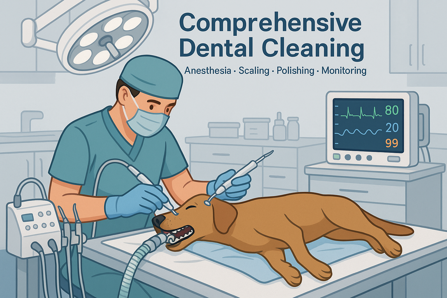Comprehensive Dental Cleaning  
Includes anesthesia, scaling, polishing, and monitoring. Extractions are extra. for pet services