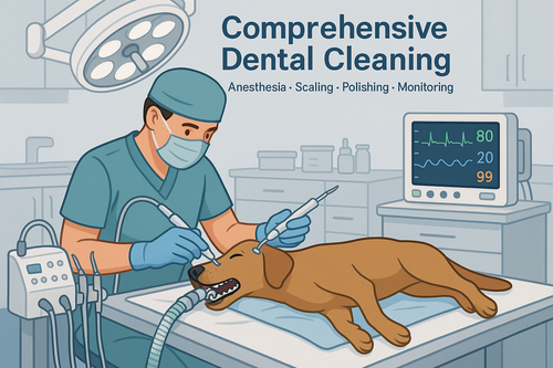 Comprehensive Dental Cleaning  
Includes anesthesia, scaling, polishing, and monitoring. Extractions are extra. for pet services